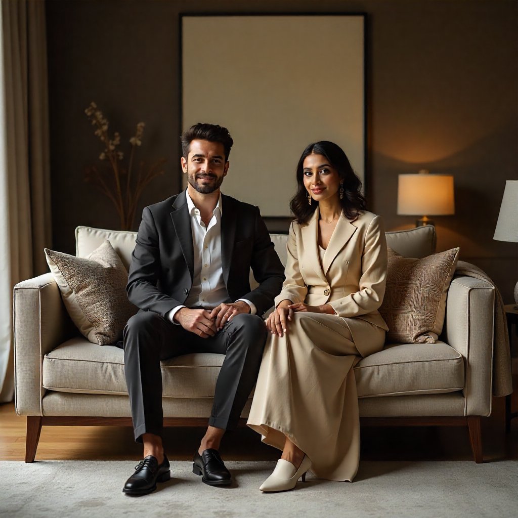 DESIGN AN IMAGE WITH A MODERN INDIAN COUPLE SITTING IN A POSE WITH FULL LENGTH MODERN DRESS WITH LUXURY LIVING ROOM INTERIORS BEHIND IT